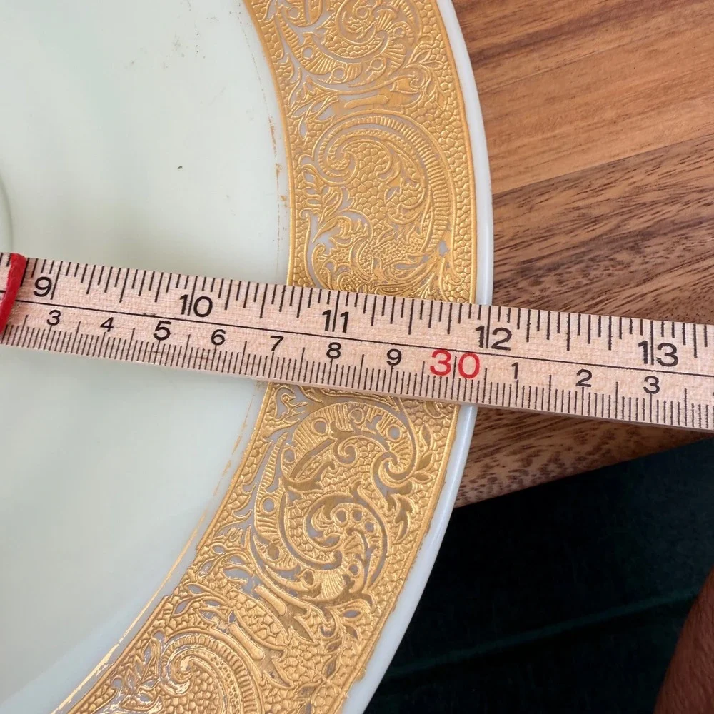 Vintage Custard Glass Bowl Gold Encrusted Etched Rim Uranium Glass 10.5 Inch